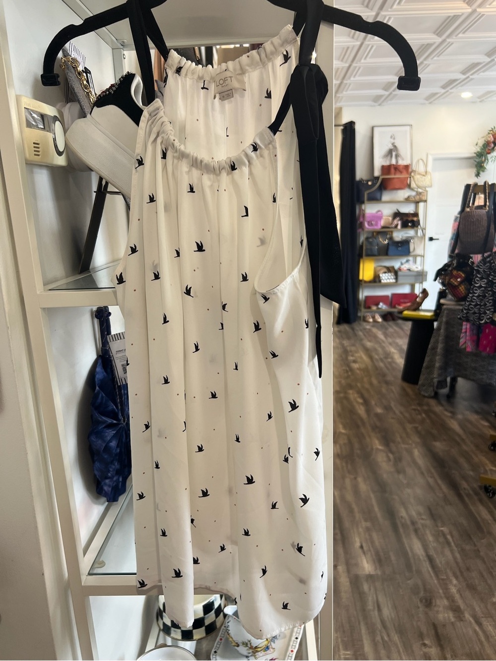 LOFT White halter top with Black Bird Print and Brown Dots